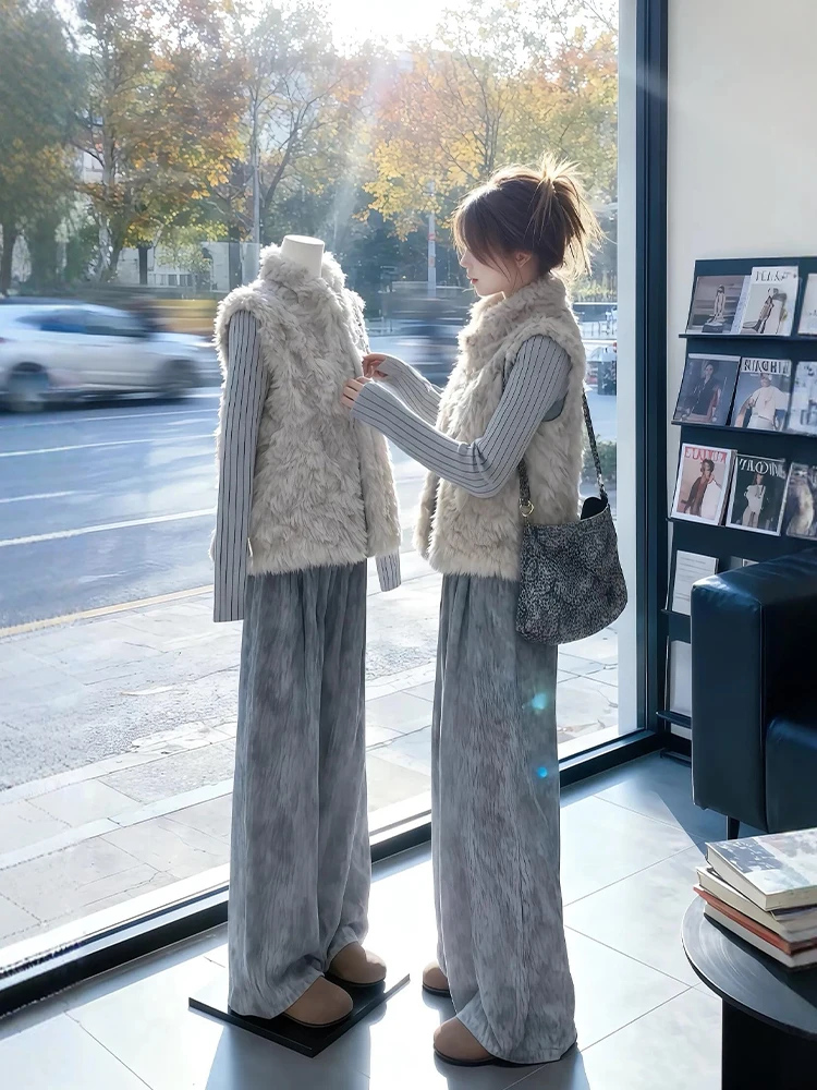 

plus Size Winter Faion Set with Lamb Fur Vest Wide Leg Pants Base irt Tee Piece Suit Korean Sle Warm Casual Wear