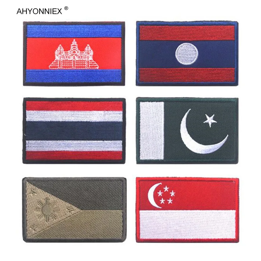 

1PC Laos Pakistan Thailand Philippines Cambodia Singapore Japan Flag Patches for Clothes Backpack Sew On Emblem Embroidery