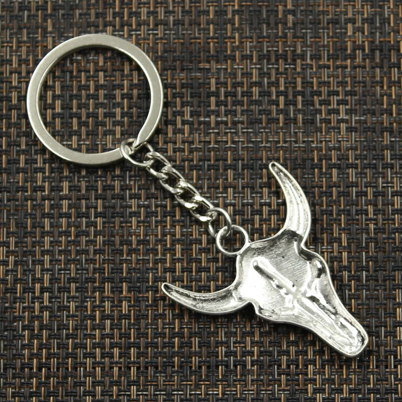 Fashion 30mm Key Ring Metal Key Chain Keychain Jewelry Antique Bronze Silver Color Plated Skull Bull Ox Head 41x38mm Pendant
