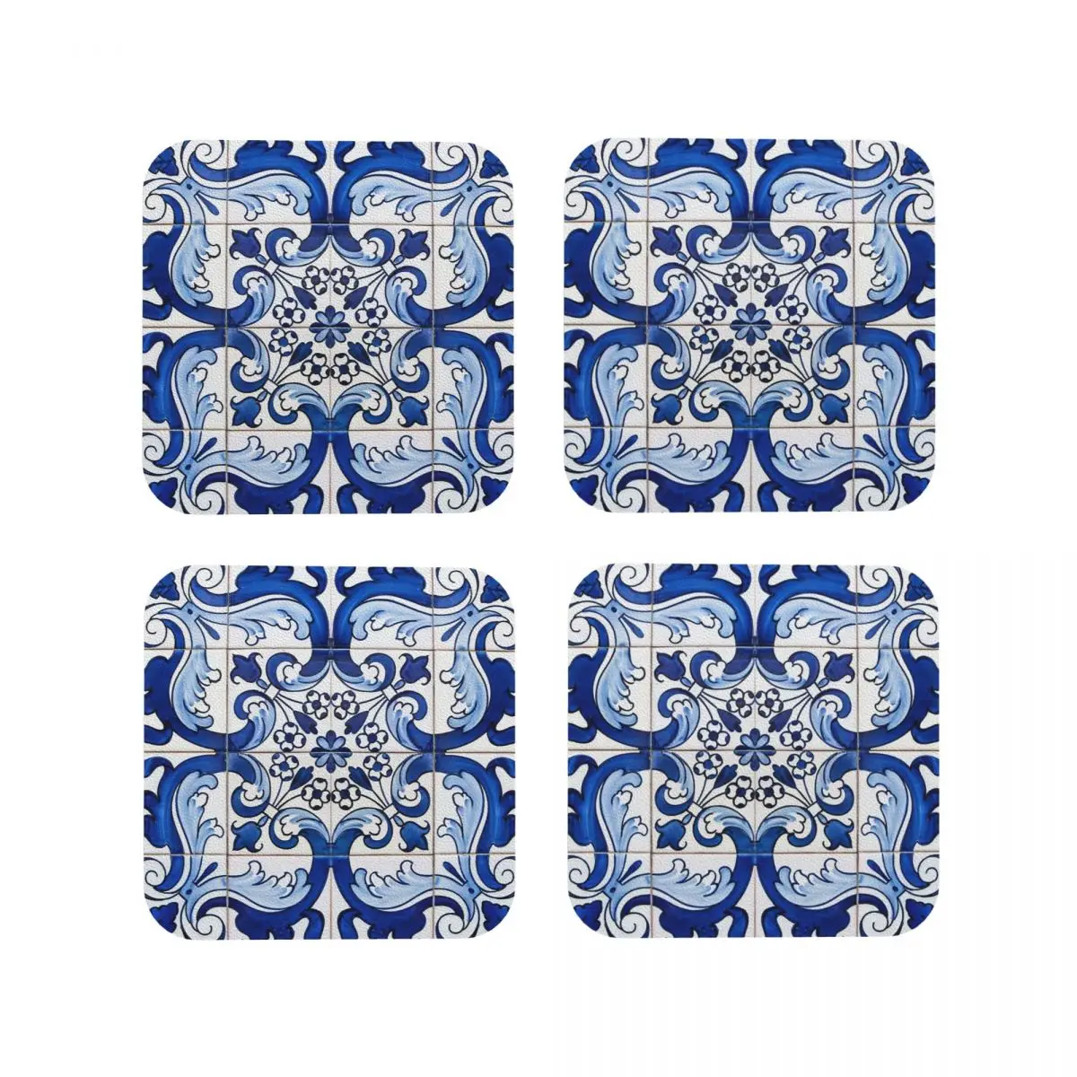 Lisbon Blue Azulejo Tile Floral Coasters Kitchen Placemats Non-slip Insulation Cup Coffee Mats For Decor Tableware Pads Set of 4