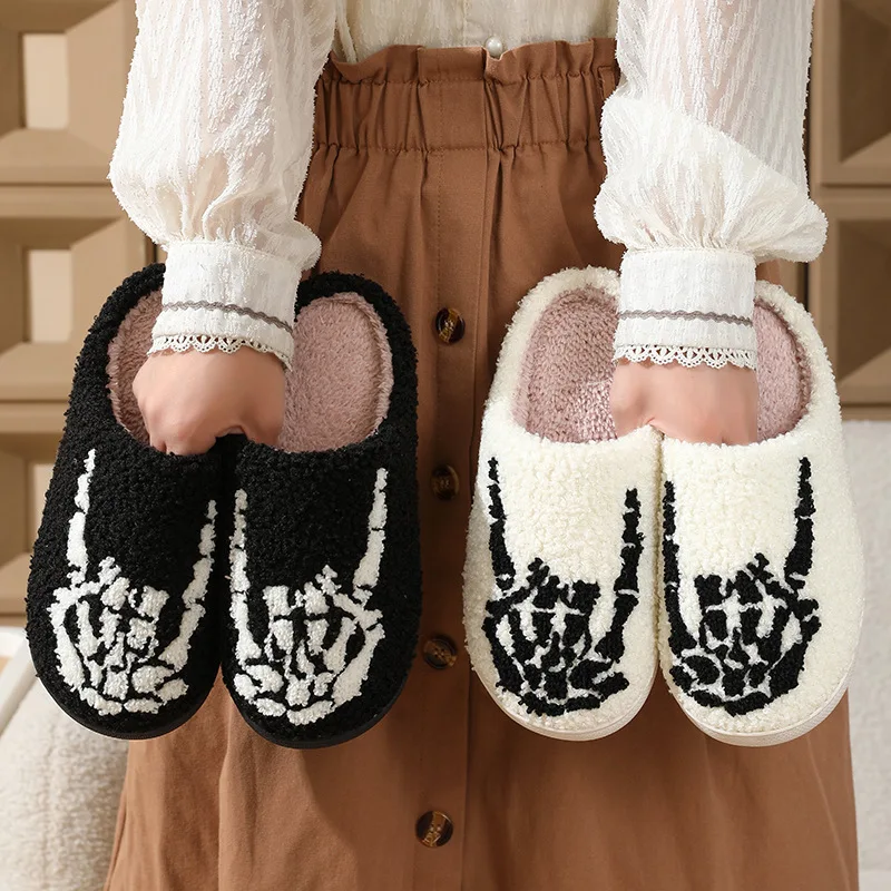 Skull Finger Pattern Skull Embroidery stuffed Home Platform Cozy Wool Cotton Slippers Rock Finger Warm Non-slip Indoor Slippers