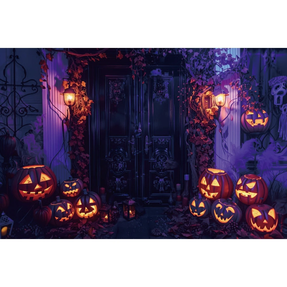 Halloween Backdrop Horror Night Purple Castle Pumpkin Flower Spooky Bat Kids Portrait Halloween Photography Background Decor