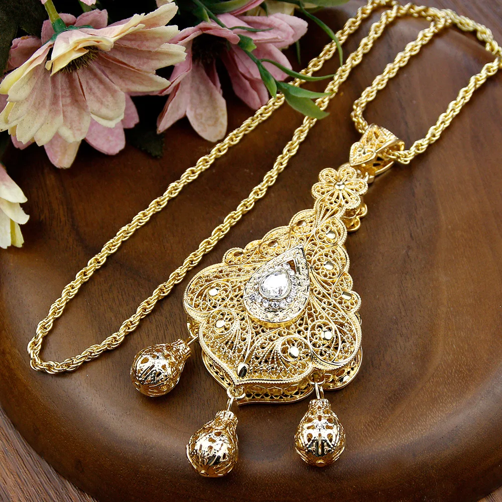 Sunspicems Gold Color Dubai Bijoux Women Pendant Necklace Sweater Chain Morocco Ethnic Bride Wedding Jewelry Bridesmaid Gift
