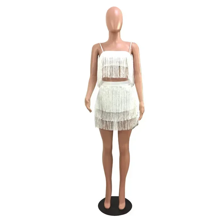 Ensemble deux pièces sexy pour femme, haut bandeau court, jupe à pompon élégante, tenue de plage chic, olympiques bandage, été 2024