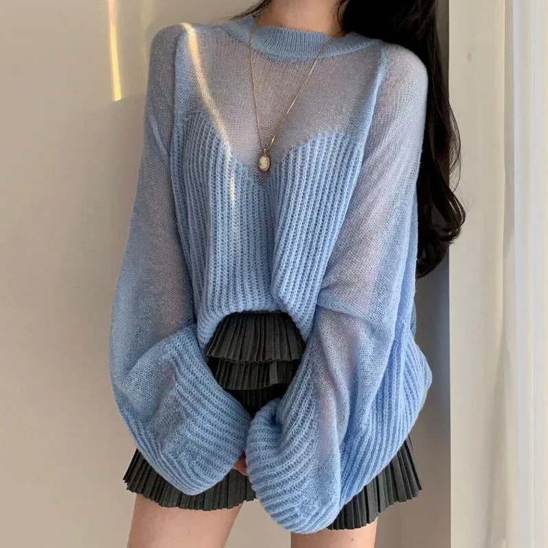 Autumn and Winter New Elegant Loose Thin Lantern Sleeve Sweater Fairy Soft Pullover Female Kawaii Sweater Sexy Perspective Pink