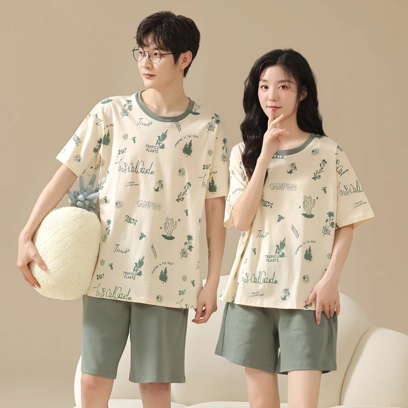 Couple Pajamas Set Summer 100% Cotton Short-sleeve Sleepwear Cute M-3XL Lover Pyjamas