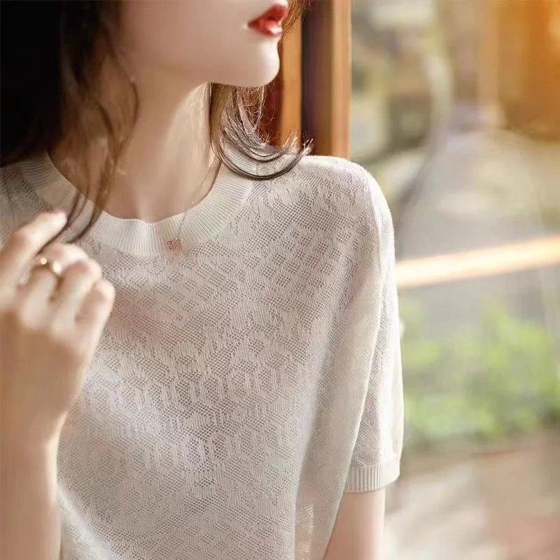 2024 Spring And Summer New Thin Bottoming Streetwear Womens Clothing Perspective Ice Silk Knitted Blouse Top White Shirt Blusas