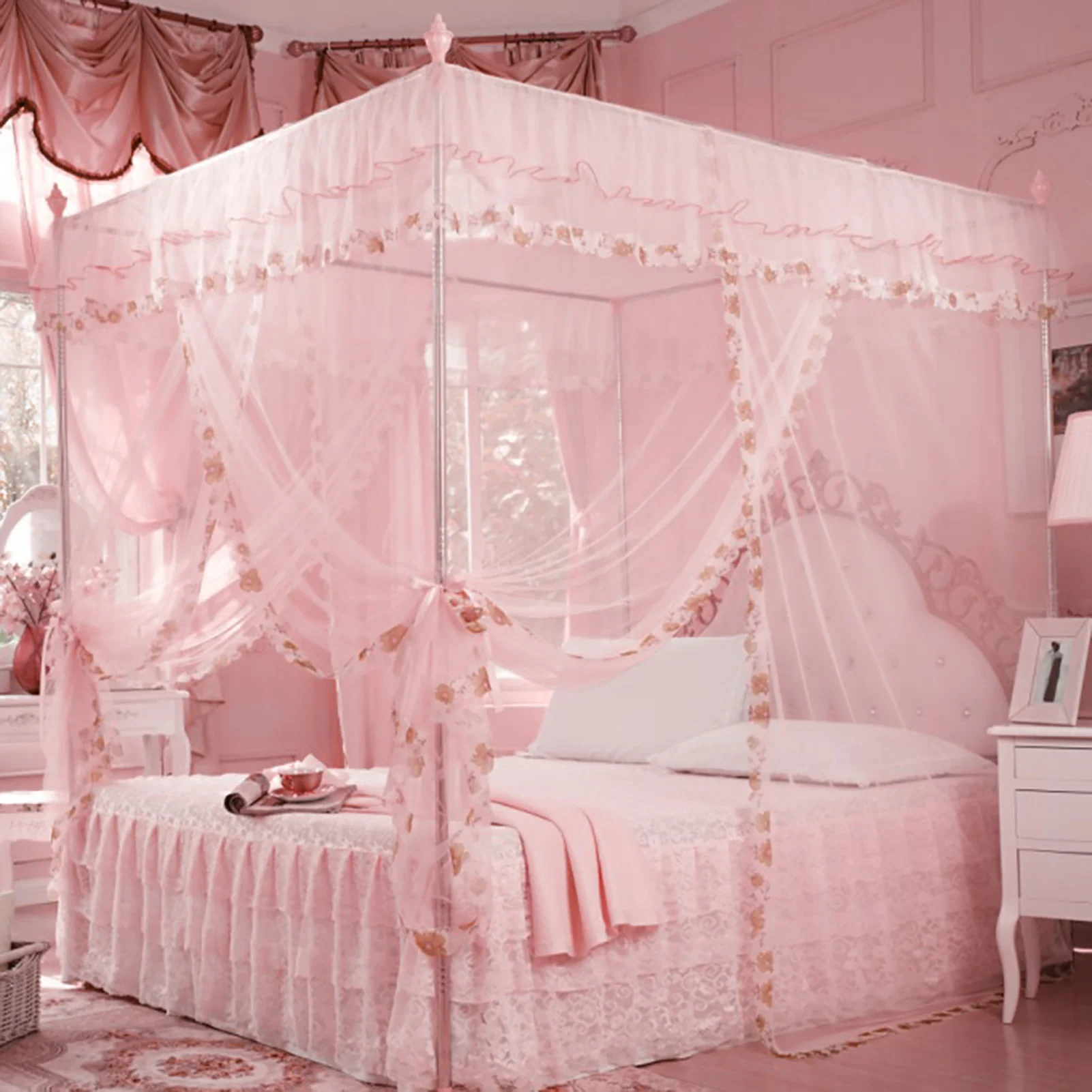 Luxury Princess 3 Side Openings Post Bed Curtain Canopy Netting Mosquito Net Bedding