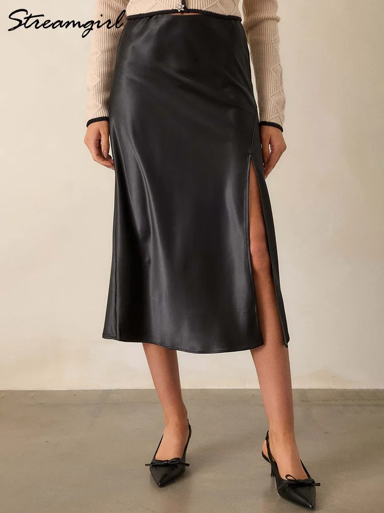 

Атласные юбки миди для женщин, лето 2022, облегающая юбка с эластичной резинкой на талии, офисная женская шелковая юбка с разрезом, бежевая женская атласная юбка макси