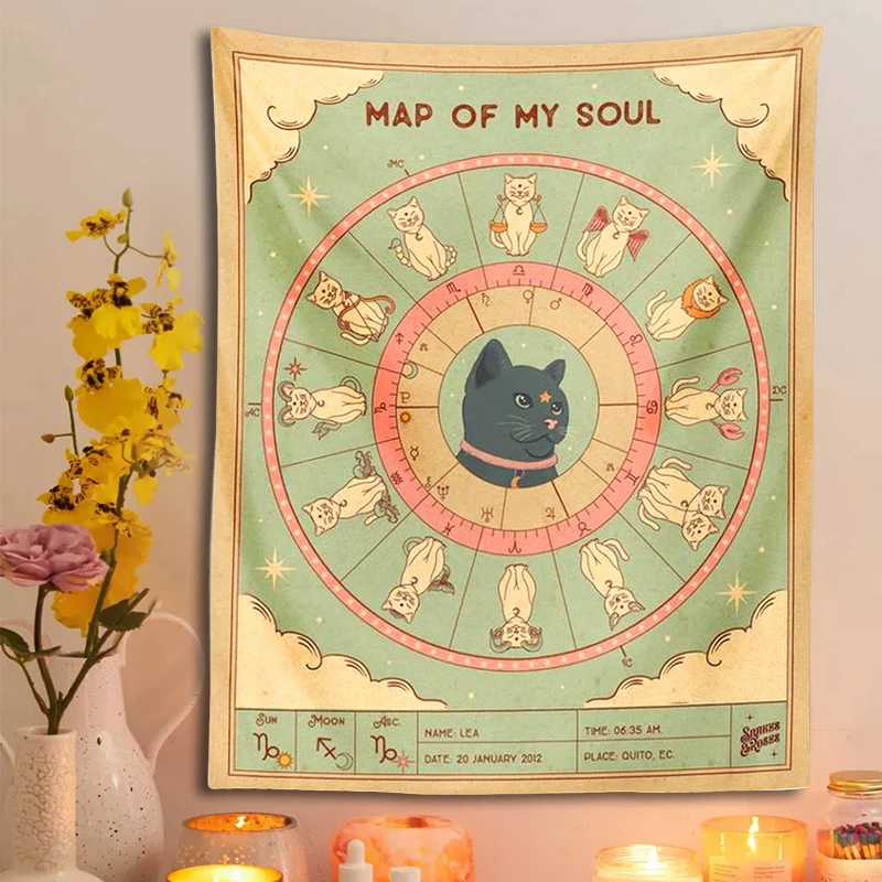 Cat Tapestry map of my soul tarot Constellation Wheel of the Zodiac Astrology Chart retro Bohemian Living Room Home Dorm Decor