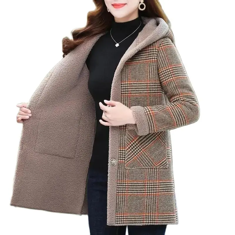 New Women Winter Jacket Fashion Plaid Long Coats Hooded Parka Overcoat Warm Woolen Blended Jacket Lady Outerwear Female Tops 5XL