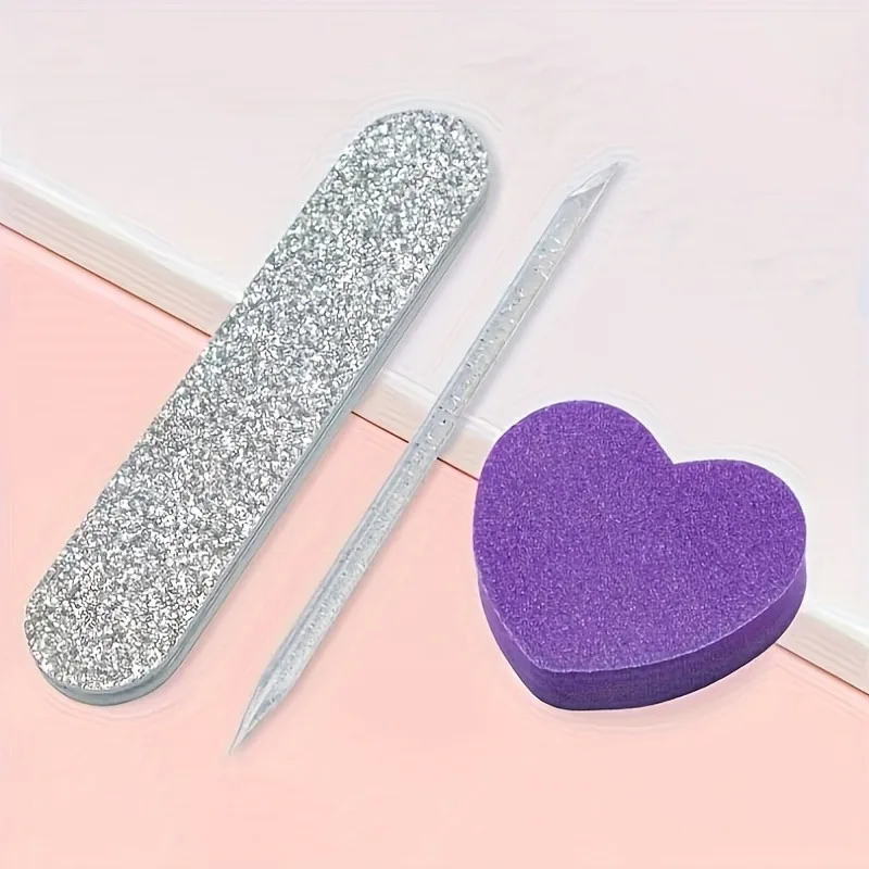 12-teiliges Set Rosa Glitzer-Nagelpflegeset - Herzförmiger Buffer, Kristallstab und Doppelseitige Feile für Nagelkunst und Pediküre – Detail 5