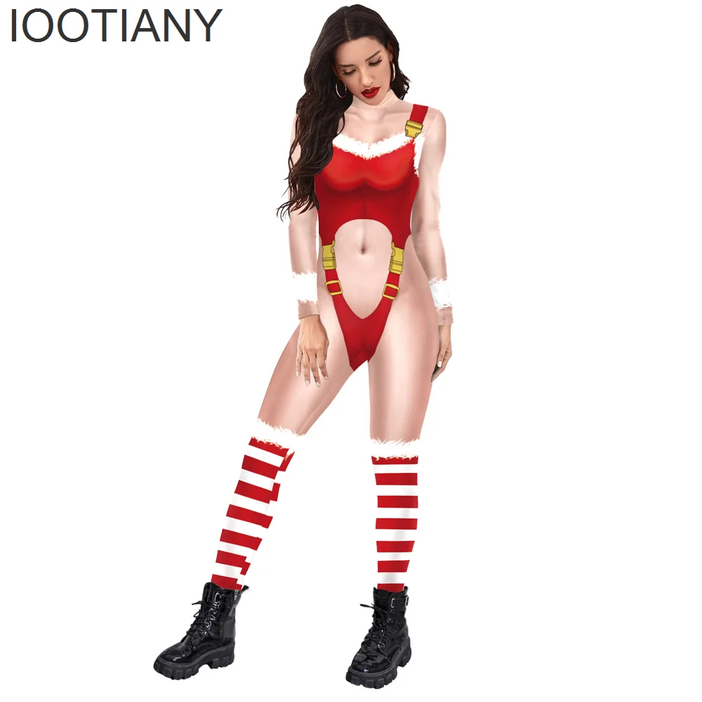 IOOTIANY Kerst 3D Print Cosplay Kostuum Sexy Kant Streep Patroon Jumpsuit Bodysuit Volwassen Carnaval Party Kleding monos mujer