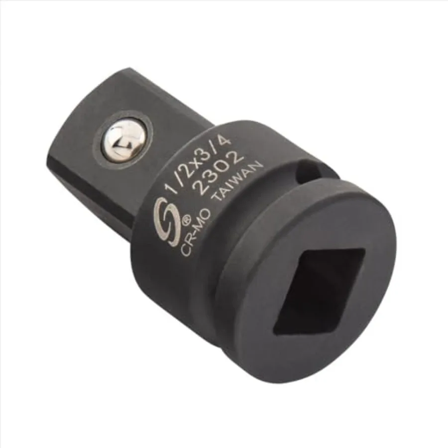 Impact adapter for automotive repair: Cr-Mo steel, black oxide finish, 1/2 inch drive with 1/2 female x 3/4 male interface, bal