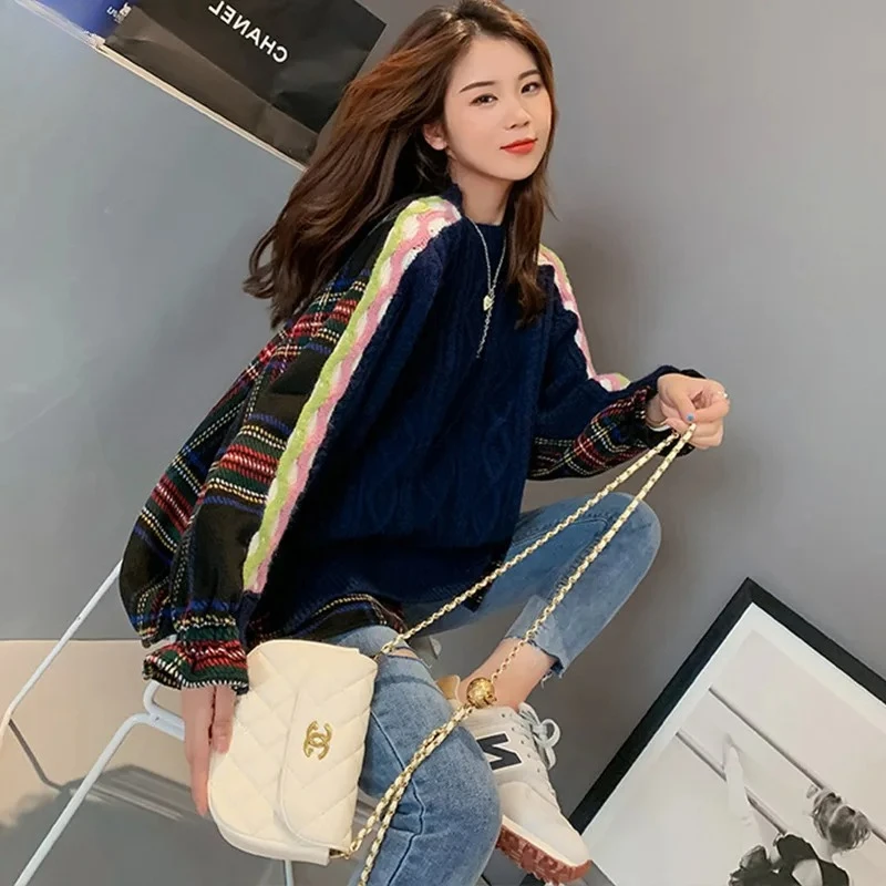Women's 2025 Fall Winter New Arrival Oversized Lazy Style Plus Size Mid-Length Shirt Hem Patchwork Knitted Sweater Outerwear