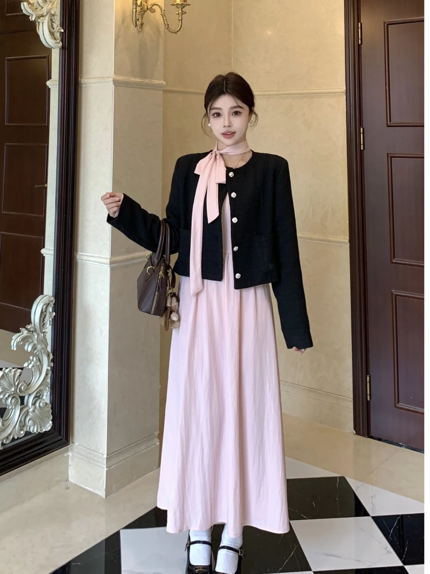 

plus Size Women's ort round Ne Jaet Pink Dr Faionable Autumn New Sle High Waist Belted Korean Sle Commute Wind
