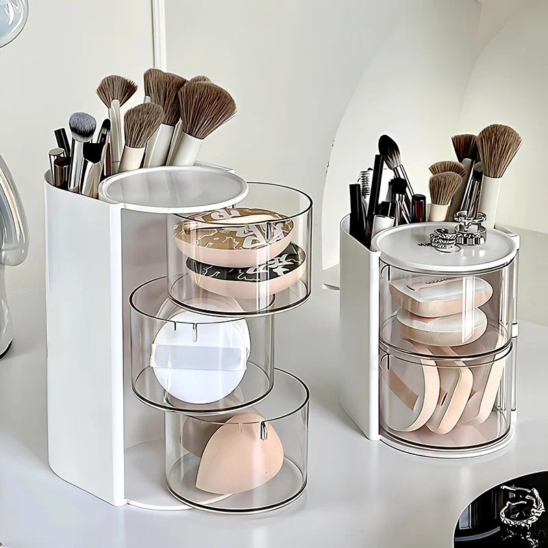 3 Tier Rotating Makeup Organizer Holder With Dustproof Lid Clear Acrylic Cosmetic Storage For Brushes Produce Box Clothes