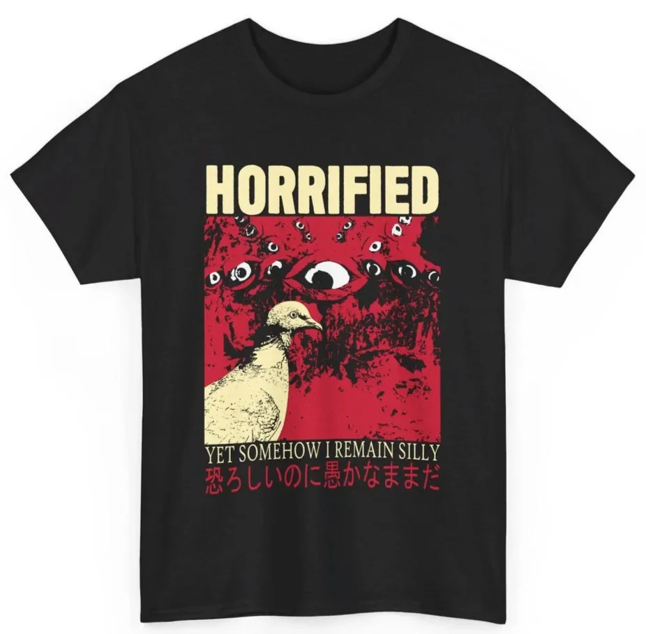 Horrified Pigeon T-Shirt | Funny Existential Bird Meme Tee | Dark Humor Graphic