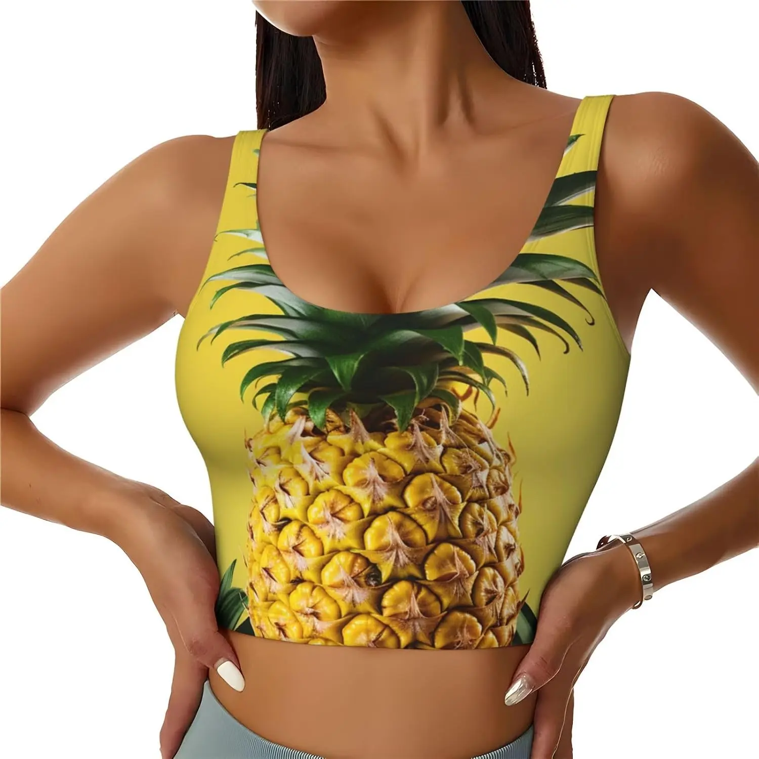 Women's Workout Tank Tops HIigh Support U Back Padded Sports Bra Yellow Pineapple Sports Crop Tops For Women