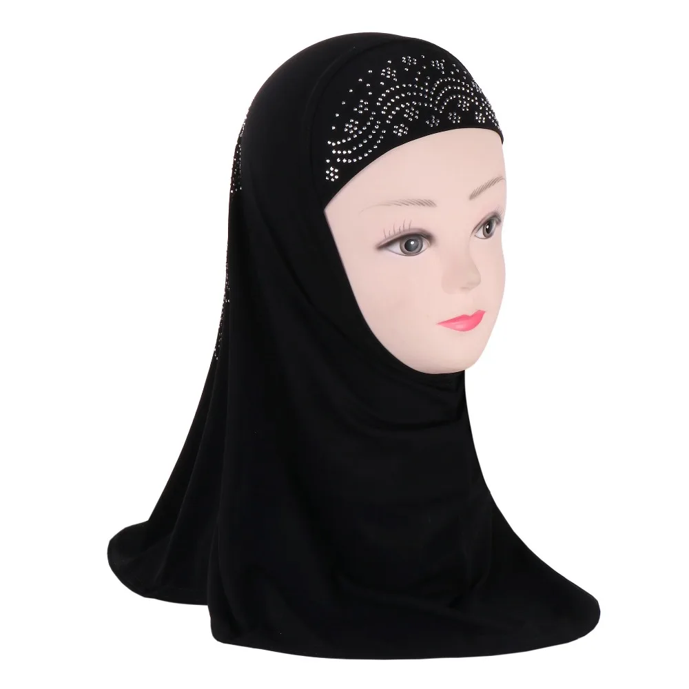 High Quality Fit 2-6 Years Old Small Girl Hijab with Crystal Flower Pattern Durable Muslim Headscarf Hat Scarves