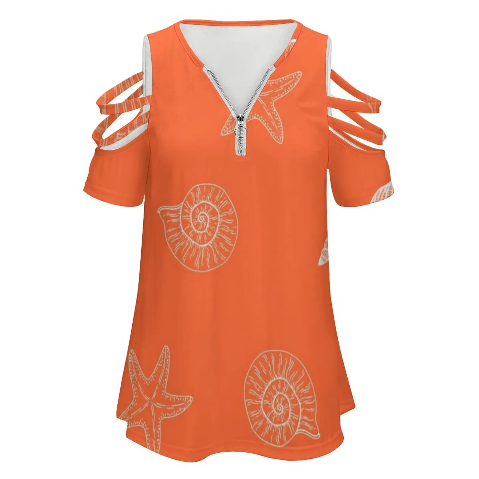 Pattern Bright Coral Orange And White , Inspired On Women's T-Shirt New Fashion Printed Zipper V-Neck Short Sleeve T Shirts