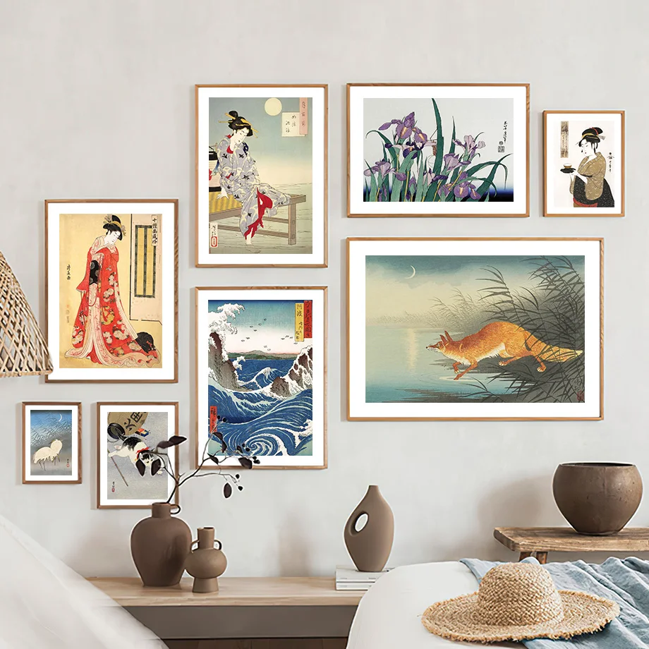 Woman Fox Cat Crane Surf Flower Japanese Ukiyo-e Posters And Prints Wall Art Canvas Painting For Living Room Decorative Pictu