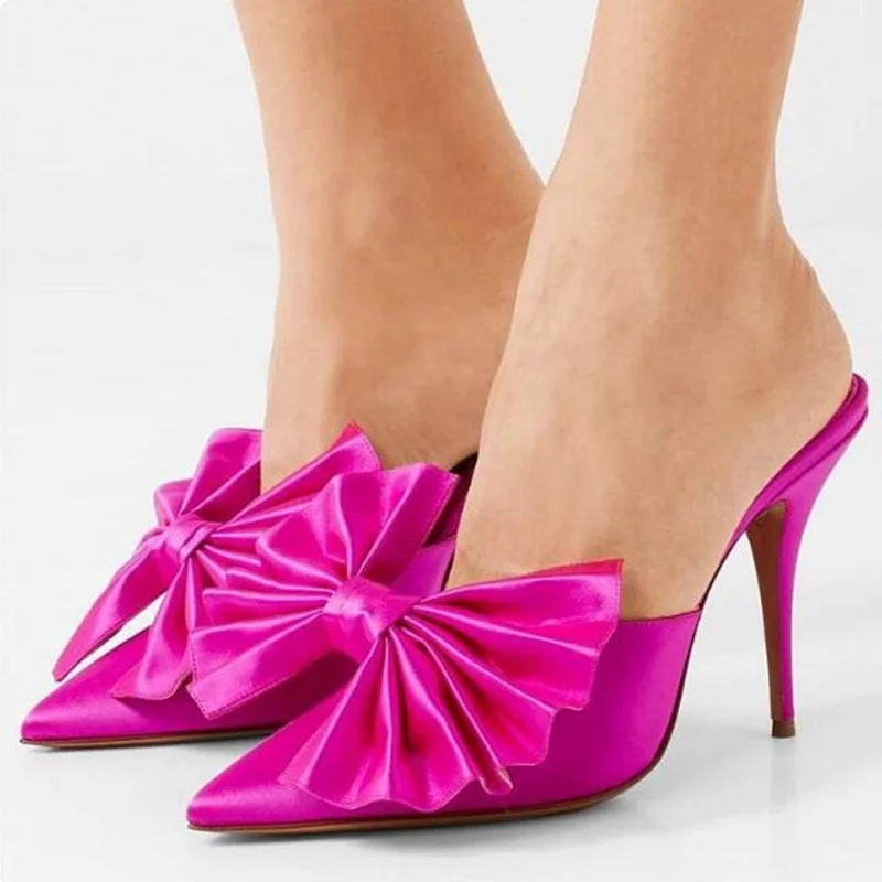

Wrinkled Butterfly Knot Pointed Toe Cover Heels Shoes Fuchsia Yellow Satin Slip On Women High Heels Banquet Party Slippers