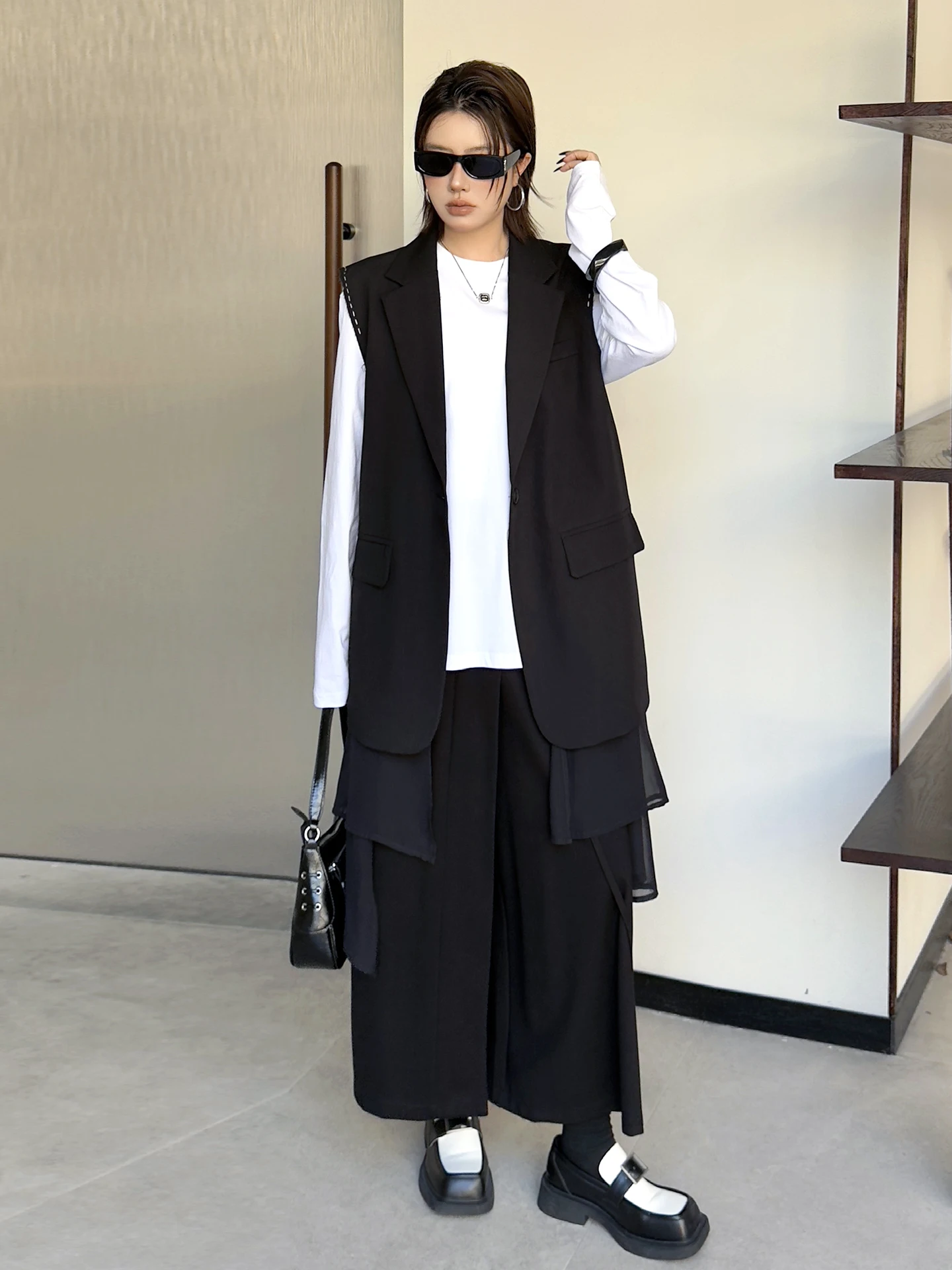 

Bla Long Tailored Suit Vest Skirt Ensemble Spring 2026 Neutral Sle Patchwork Layering Outerwear Ci Commute Ready