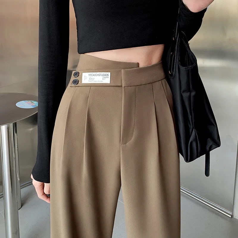 2023 Spring Summer Women's Solid Color Wide Leg High Waist Drop Double Button Casual Loose Sweeping Floor Straight Suit Pants