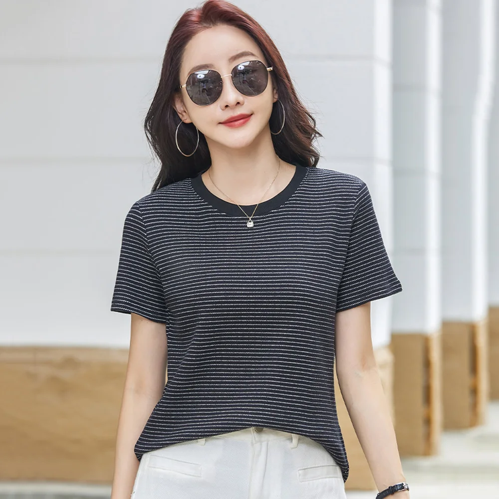 

New Women Summer Thin Cotton T-shirt Fashion O-Neck Short Sleeve Loose Striped Tees Simplicity Casual Basic T-shirt Female