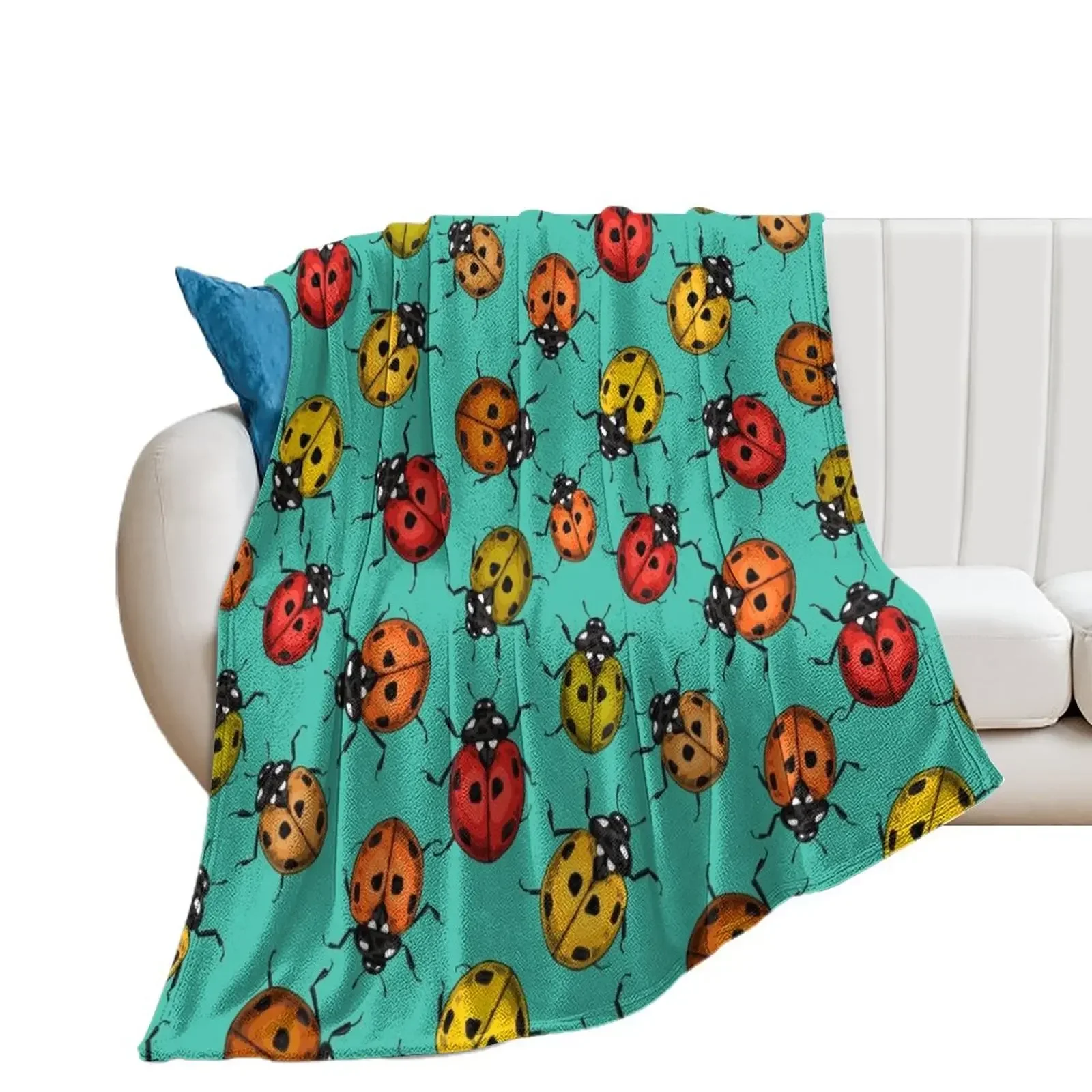 Colorful ladybugs on turquoise Throw Blanket Cute bed plaid cosplay anime funny gift Blankets