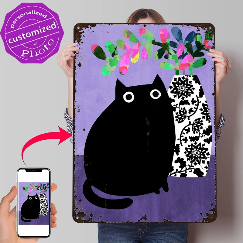 Póster de Metal con Textura 3D de Gato Negro sobre Lila, Arte de Pared Personalizado, Letreros Metálicos Vintage para Fans, Decoración de Lujo para el Hogar y la Habitación