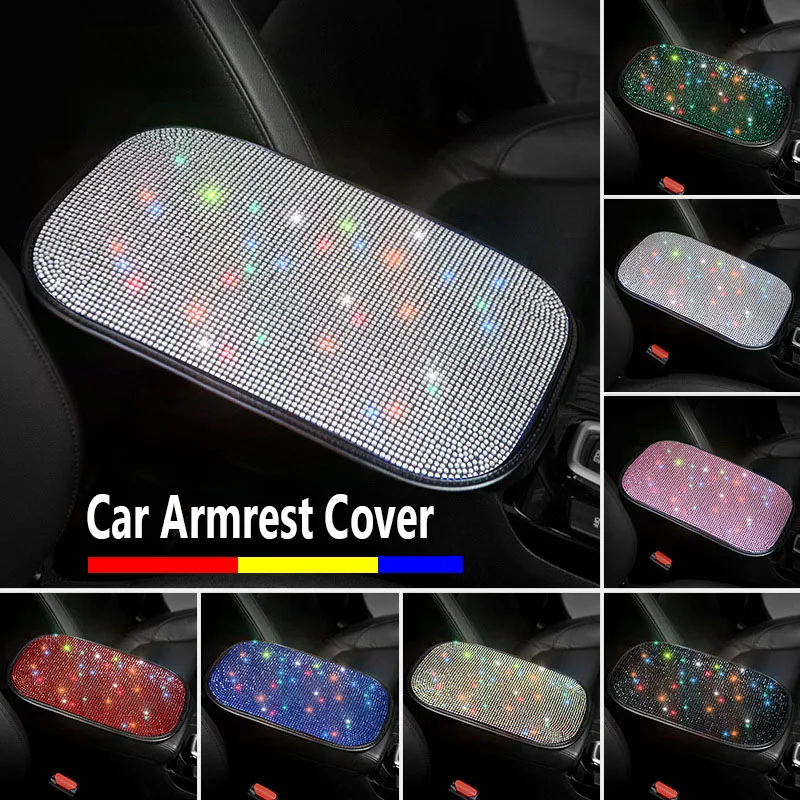 

Sparkling Diamond Rhinestone Car Armrest Cover Mat Universal Leather Waterproof Non-slip Armrest Box Pad Bling Car Accessories