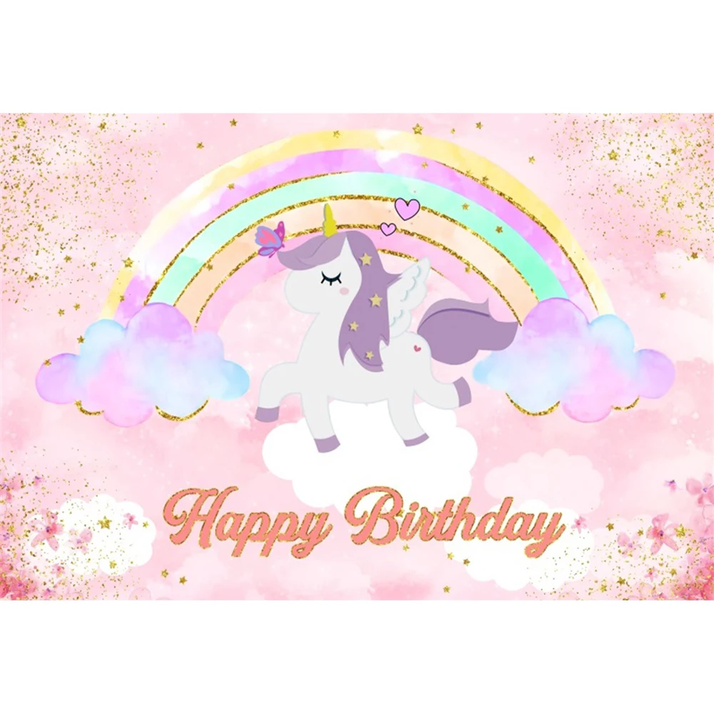 Unicorn Backdrop Girls Birthday Party Baby Shower Rainbow Clouds Princess Photography Background Cake Table Decor Banner Props