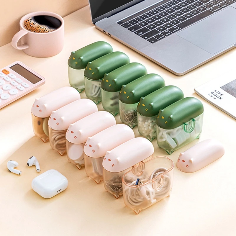 Mini Cable Storage Box Cartoon Cat Data Line Storage Container for Desk Multifunctional Headset Data Charging Line Management