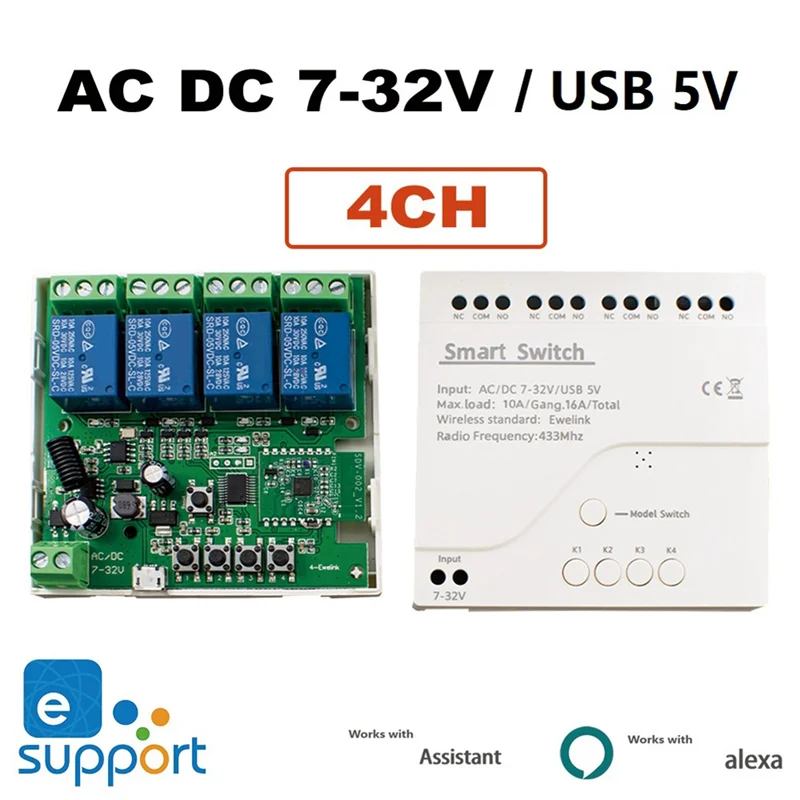 

A32T-4CH Wi-Fi-переключатель Смарт-переключатель дистанционного управления Самоблокирующийся RF433 4-позиционное реле 4-канальный EWELINK WIFI Smart Switch Реле Modu