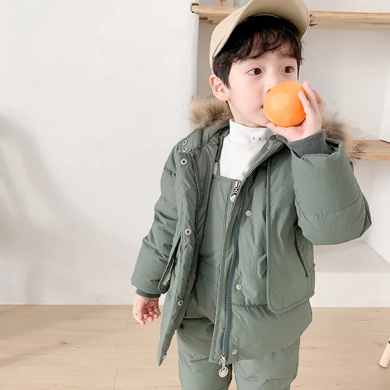 -30℃ Winter Down Suit Thick Warm Sets Boys Girls Hooded Jackets Overalls 2 Pcs Kids Parka Snow Wear Outfits 2-6 Years