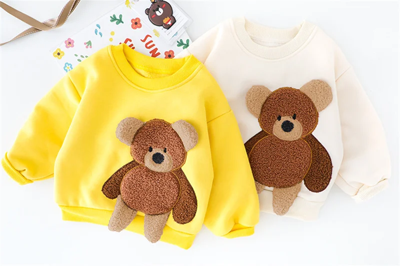 Baby boy clothes autumn winter plus velvet warm thickening suit boys and girls cartoon bear sweater + corduroy pants baby 2pcs