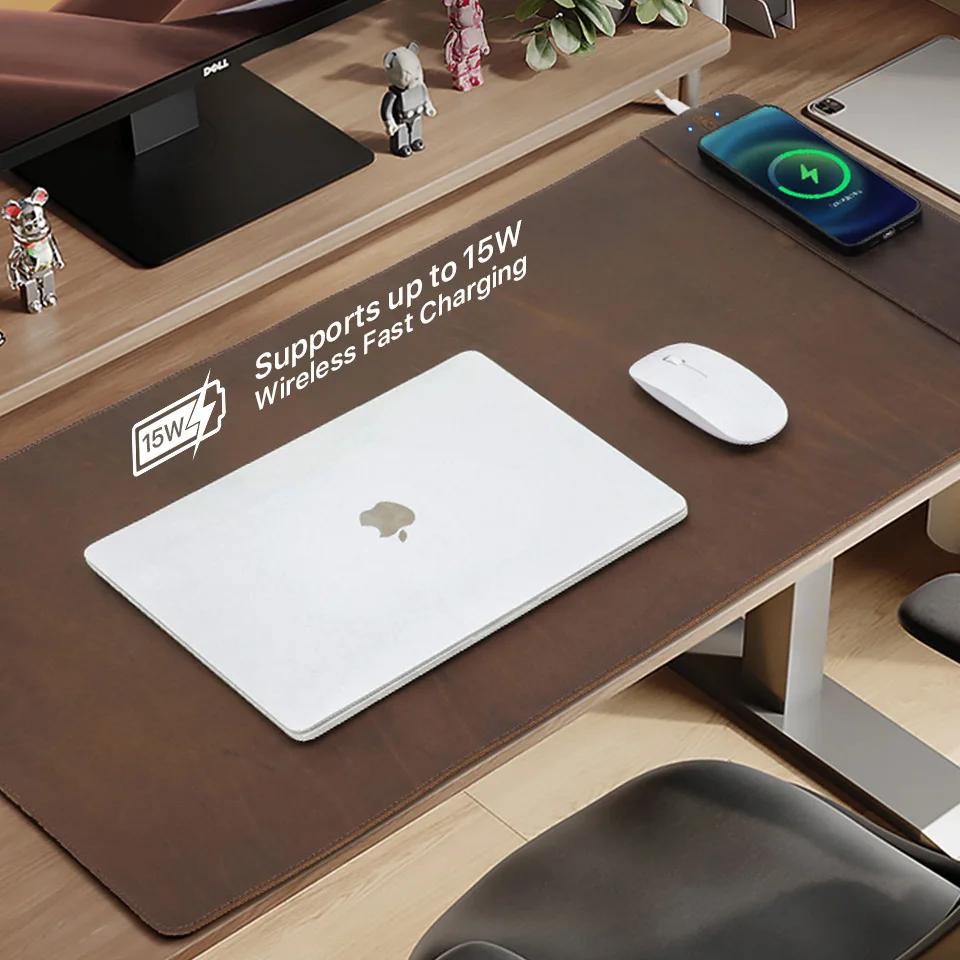 Retro Coffee Leather Mousepad Extra Large Waterproof Stain-Resistant with 15W Wireless Charging Genuine Leather Computer Office