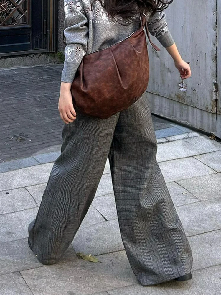 PBAP 市松女性ツイードワイドレッグパンツハイライズドレープベルボトムカジュアルルーズチェック柄スーツズボンラウンジレトロストリート