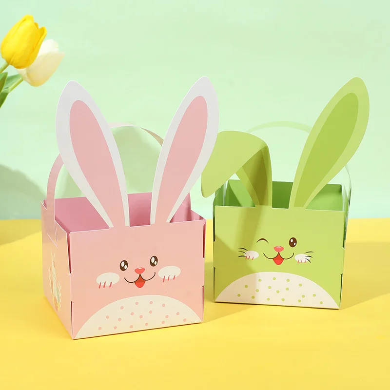 

4Pcs Easter Bunny Candy Boxes Cute Rabbit Ear Paper Egg Basket With Handle Chocolate Cookie DIY Packaging Box Easter Party Decor