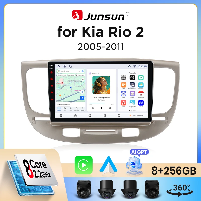 Image of Junsun kabelloses CarPlay Android Auto Autoradio für Kia Rio Mk2 (JB) 2005-2011 mit eingebautem Lüfter, Android GPS-Navigation, Multimedia-Player, WiFi, DSP, RDS, BT, SWC, IPS-Touchscreen, Autoradio,