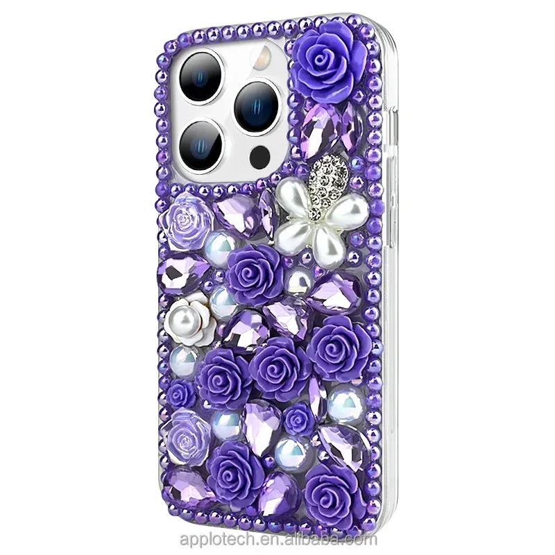 Bling Diamond Phone Case for Iphone 13 14 15Pro Max XR 16Pro - Luxury Crystal Gem Purple Flower Rhinestone Protective Back Cover