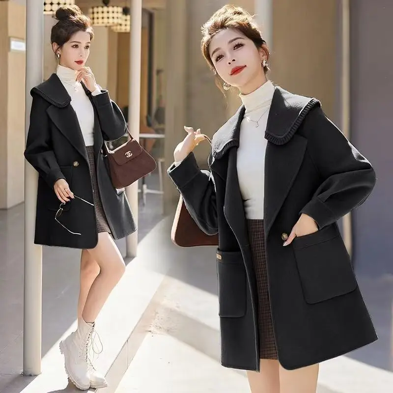 Woolen Coat with Doll Collar for Women, Medium and Long, Full Sleeve, Thick Overcoat, Elegant Top for Lady, Chic Outwear, Autumn