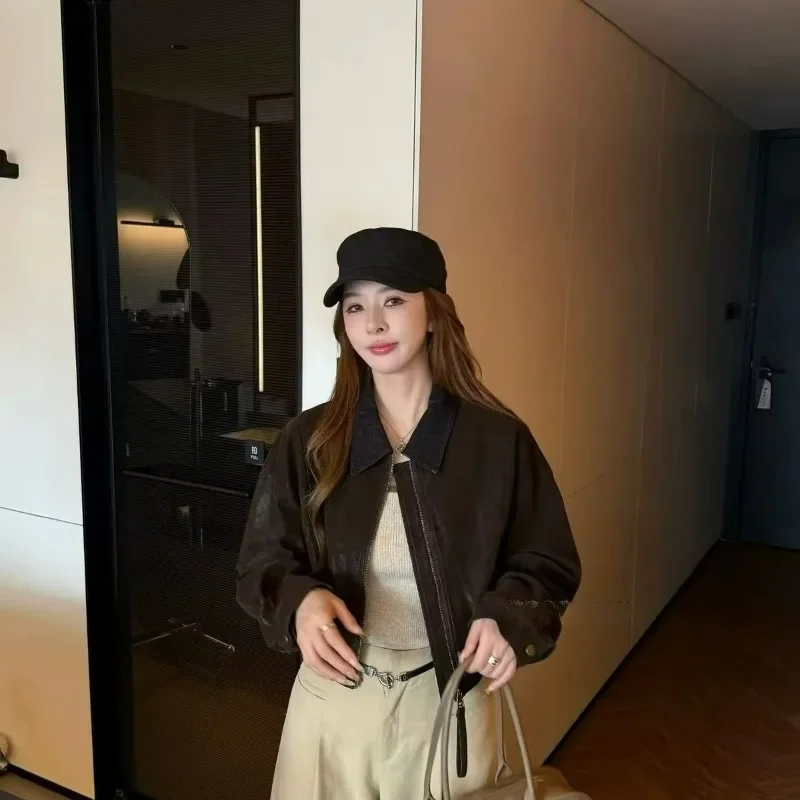 A High-end Retro Color-blocking Flocked Leather Jacket for Women New Autumn Fashion Versatile Top for Petite Women Simple Jacket
