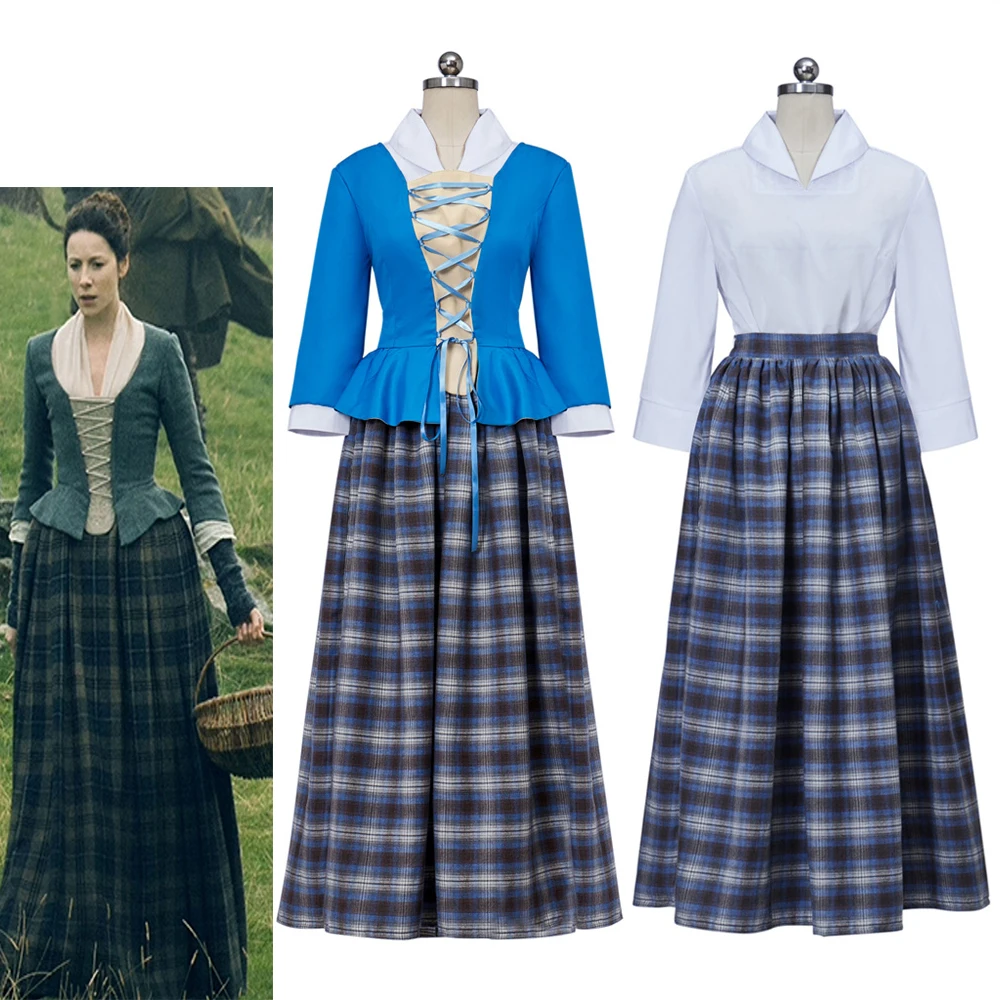 

Outlander TV Cosplay Claire Fraser Dress Women Scottish Highland Blue Plaid Skirt Suits Theater Carnival Party Elegant Ball Gown