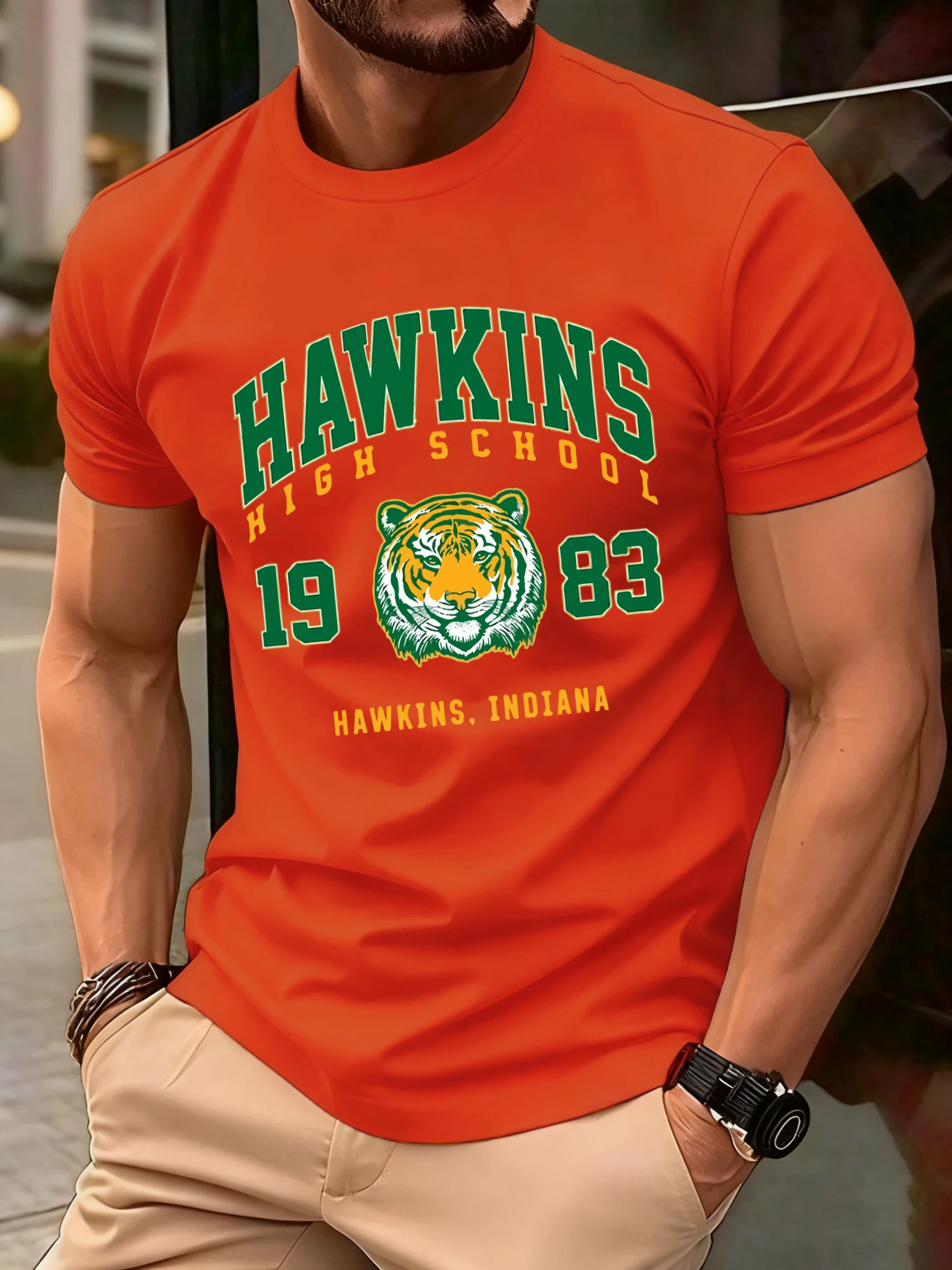 هوكينز 1983 النمر الأقوياء تصميم رجالي تي شيرت القطن تي شيرت غير رسمي الصيف Crewneck الشارع الشهير موضة كبيرة الحجم قصيرة الأكمام