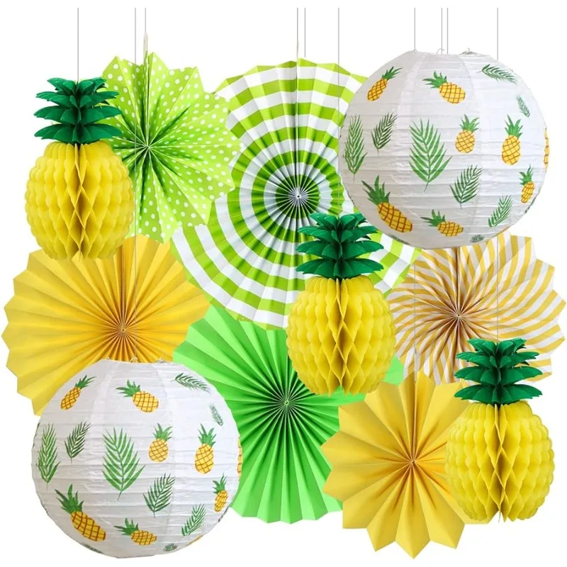 

Hawaiian Pineapple Green Fan Party Decortions Honeycomb Ball Tropical Leaves Paper Lanters Bachelorette Mexican Luau Party Decor