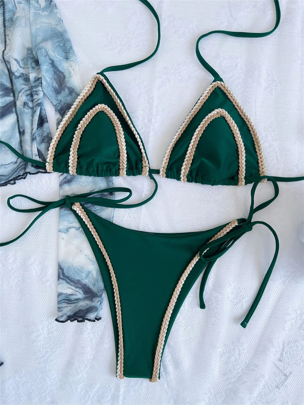 

Сексуальное зеленое бикини с экстремальной завязкой и открытой спиной, купальник в стиле бохо с каймой, женский пляжный купальник с эффектом пуш-ап Y2K, микро-бикини, стринги, купальный костюм