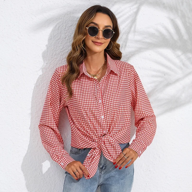 Women's Casual Long Sve  irt Spring Autumn Plaid Loose Fit Printed Ele Sle Cross-Border Faion Top